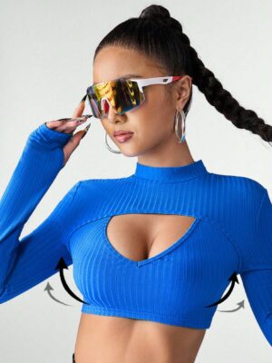 Sexy 3D Texture Ribbed Hollow Out Sweatshirt, Blue Long Sleeve Shirts, Workout Gym Top, Tennis Woman Outfit, Jersey