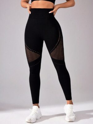 Women’s Sports Leggings Yoga Pants, Black Mesh Tight-Fitting Trousers With High Waist And Abdominal Control