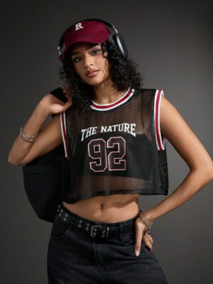 Women’s Summer Letter Print Round Neck Mesh See-Through Sports Tank Top