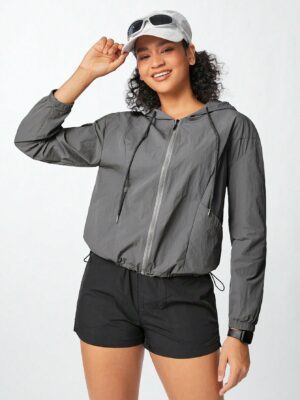 Women’s Spring/Summer Solid Color Zipper Front Long Sleeve Hooded Jacket With Waist Drawstring