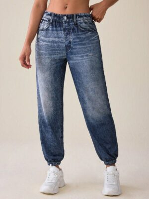 Women’s Fashionable Loose Fit Denim Look Jogger Pants With Elastic Cuffs