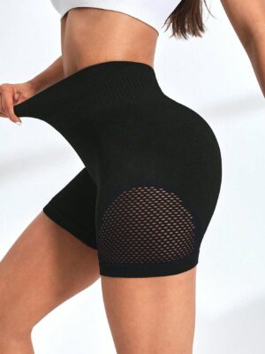 Solid Color Hollow Out Slim Fit High Waisted Sports Shorts