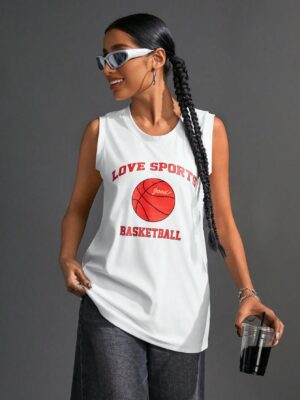 Women’s Round Neck Basketball Printed Sleeveless Sports Tank Top, Summer