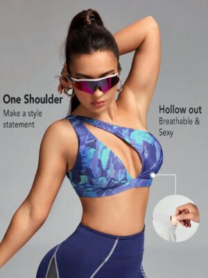 Digital Printed Asymmetry Single Shoulder Sports Bras ,Hollow Out Push Up Bra,Gym Workout Top Outfits ,Crop Top,Festival ,Push Up Bra,Going Out Tops