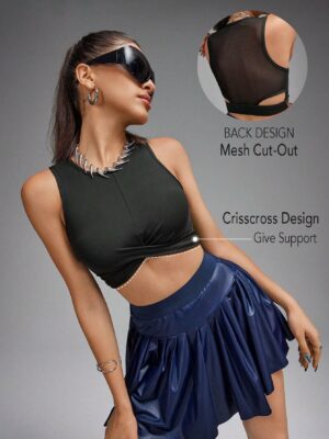 Women Summer Solid Color Crop Round Neck Sports Tank Top