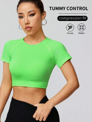 Summer Solid Color Short Sleeve Slim Fit Cropped Sports T-Shirt