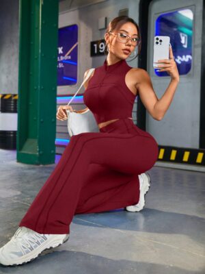 Plain Sleeveless Zip Up Top & Pants Sports Set