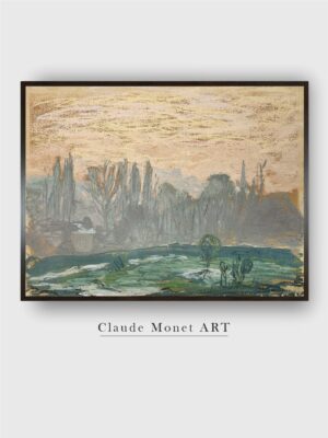 “Beige  Green Winter Landscape With Evening Sky Painting Framed Wall Art”