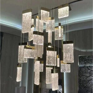 Modern Customized Long Wire Luxury Hotel Lobby Stairway Stainless Steel Glass High Ceiling Led Pendant Lighting Chandelier