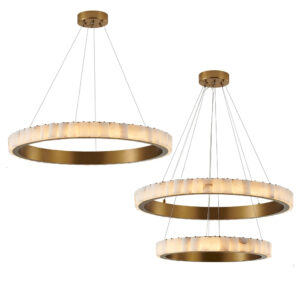 Custom Hotels Large Luxury LED Lights Remote Brass Ring Alabaster Chandeliers & Pendant Lights Hanging Gold Bronze Circle Lamp